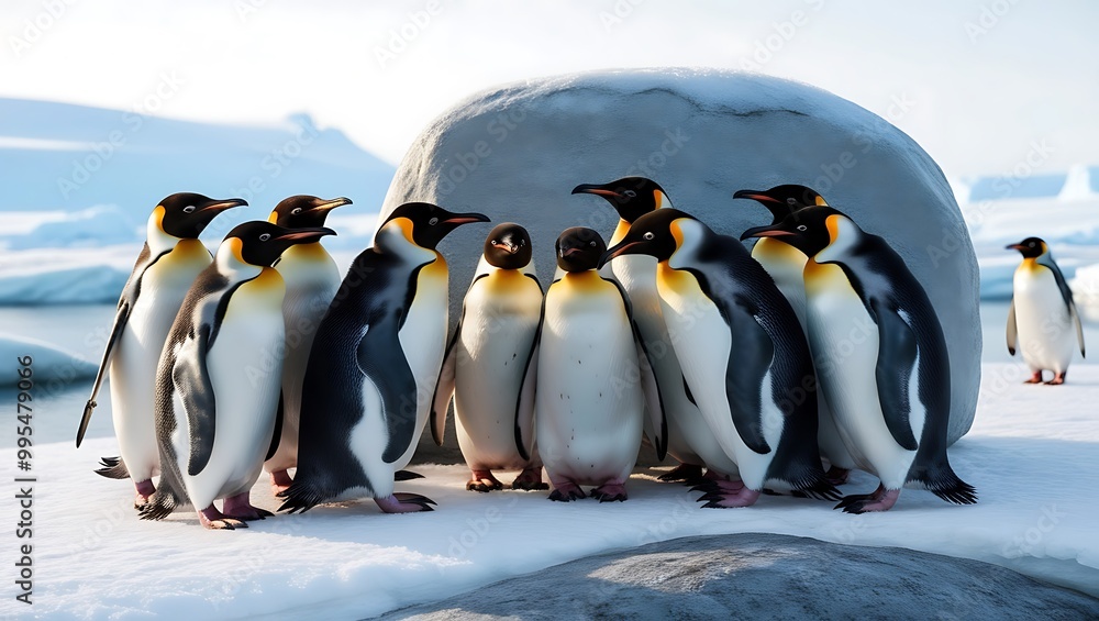 Obraz premium Step into the heartwarming world of penguins as they huddle around a large rock for warmth, creating a cozy and communal scene amidst the icy landscape.