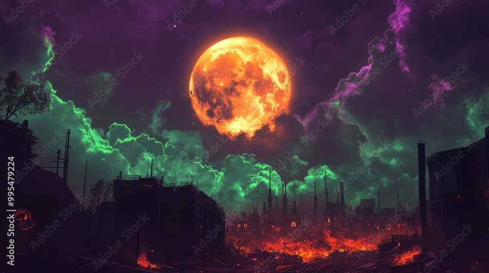 custom made wallpaper toronto digitalDystopian Halloween carnival, purple and green skies with fiery orange clouds, a harvest moon glowing ominously overhead