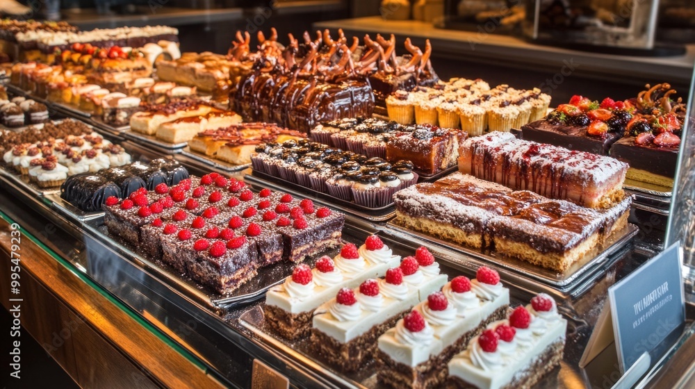 A vibrant array of desserts fills the bakery display, featuring elegant pastries, rich cakes, and fresh fruit toppings, all inviting customers to indulge in sweet treats A vibrant array of desserts fills the bakery display, featuring elegant pastries, rich cakes, and fresh fruit toppings, all inviting customers to indulge in sweet treats