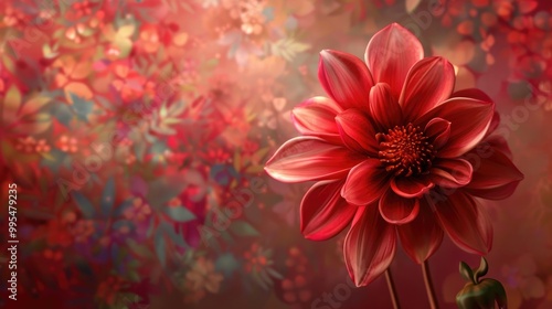 Red dahlia bloom on floral backdrop