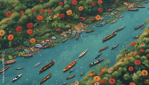 Aerial view of wooden boats moored along the Buriganga River in Dhaka, showcasing intricate patterns resembling a blooming flower. photo