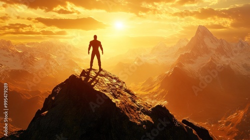 The silhouette of a hiker on a rocky summit contrasts against a vivid sunset, illuminating the surrounding mountains in breathtaking colors, creating a moment of tranquility and achievement