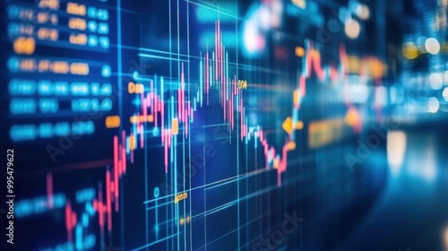 A vibrant display of stock market data features fluctuating lines and colorful indicators, showcasing market trends on a trading platform illuminated by evening lights