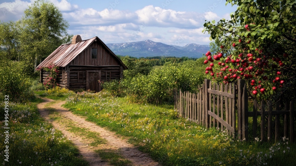 A charming wooden cabin sits amidst vibrant greenery and blooming apple trees, with a dirt path leading through the scenic countryside under a clear blue sky