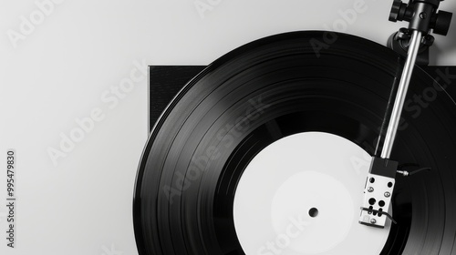 Record player and vinyl record with blank space above photo