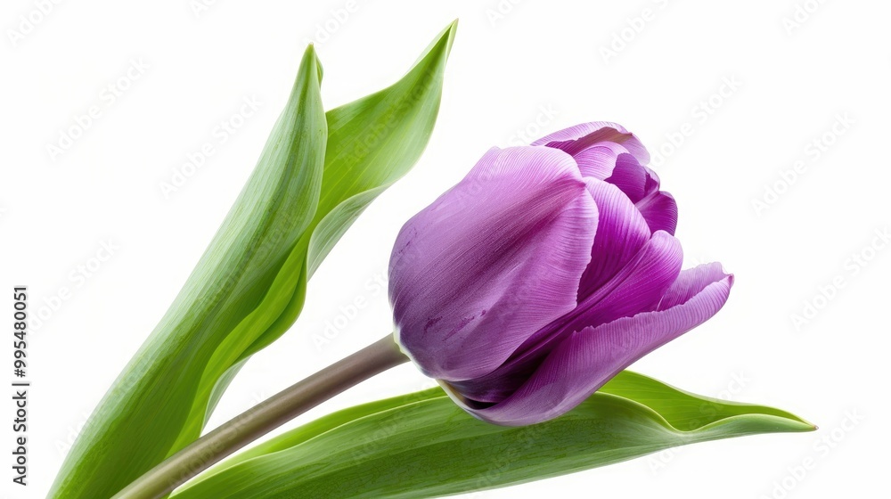 Purple tulip with green leaves on white backdrop Purple tulip with green leaves on white backdrop