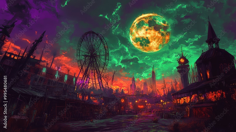 Halloween carnival scene, eerie lights, dystopian skyline, and a purple-green sky lit by the harvest moon with fiery orange clouds Halloween carnival scene, eerie lights, dystopian skyline, and a purple-green sky lit by the harvest moon with fiery orange clouds