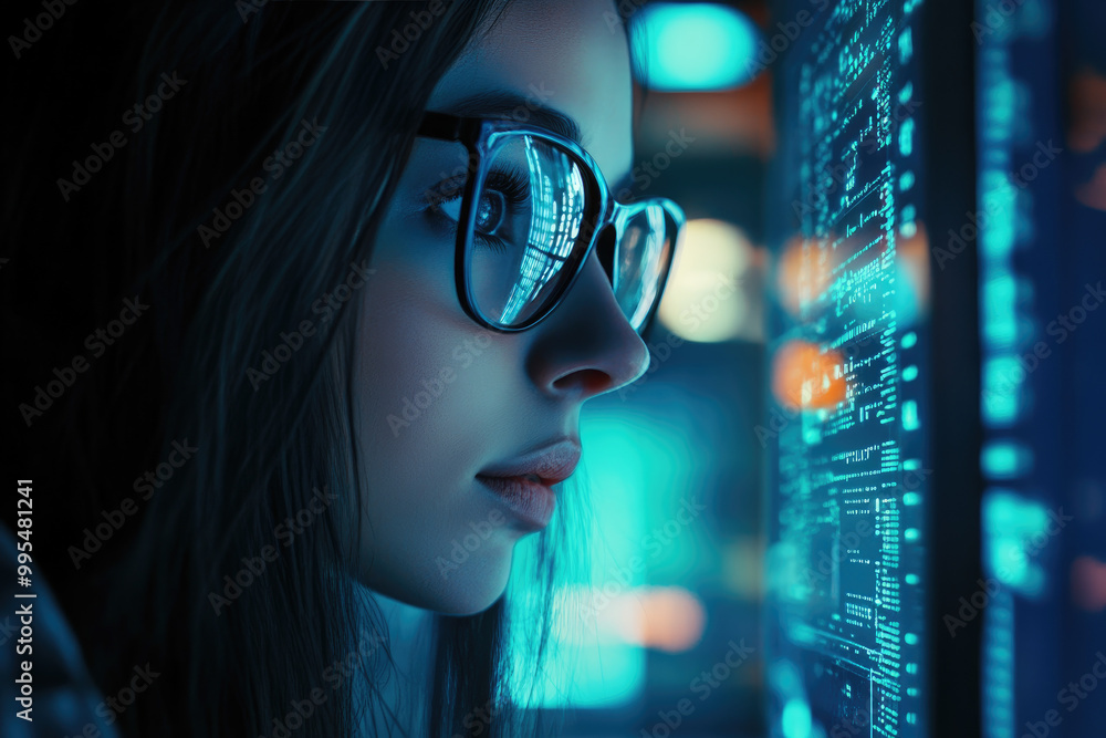 Cyber Security Analyst in Dark Tech Office, female expert evaluating AI threats, immersed in digital data analysis, focused and alert. Cyber Security Analyst in Dark Tech Office, female expert evaluating AI threats, immersed in digital data analysis, focused and alert.