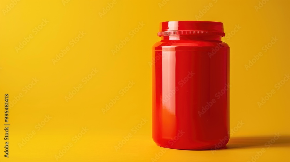 Red capped plastic container in yellow Red capped plastic container in yellow