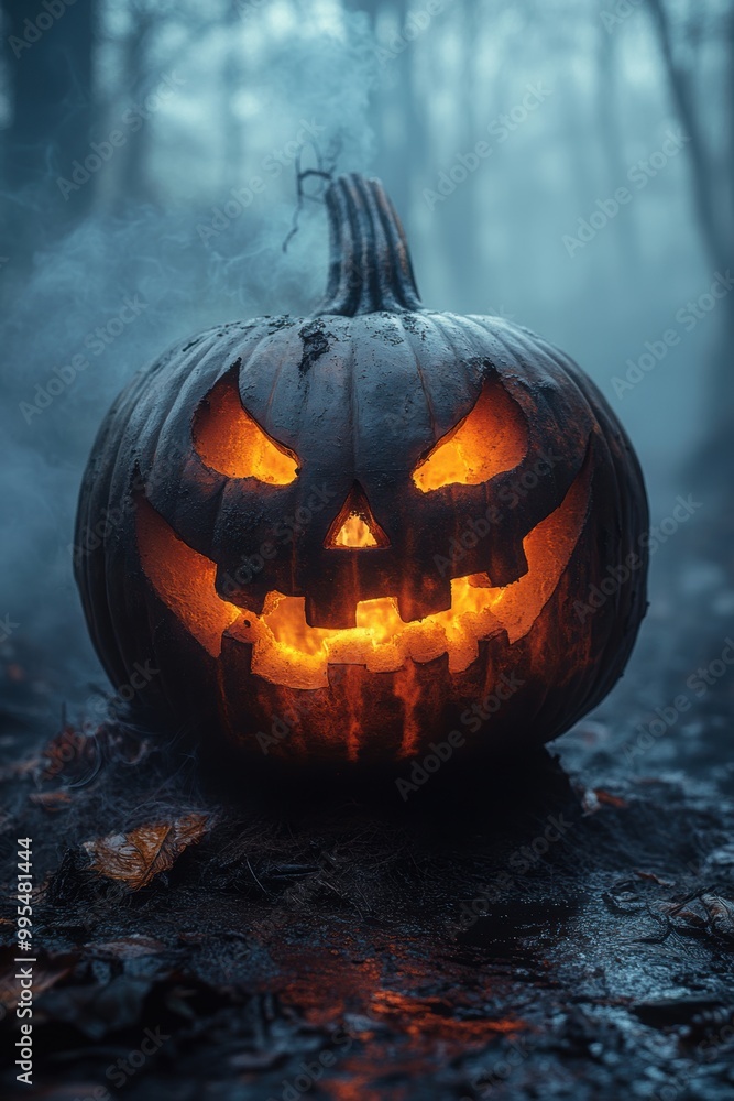 Misty graveyard with flickering lanterns sets a chilling Halloween backdrop Misty graveyard with flickering lanterns sets a chilling Halloween backdrop