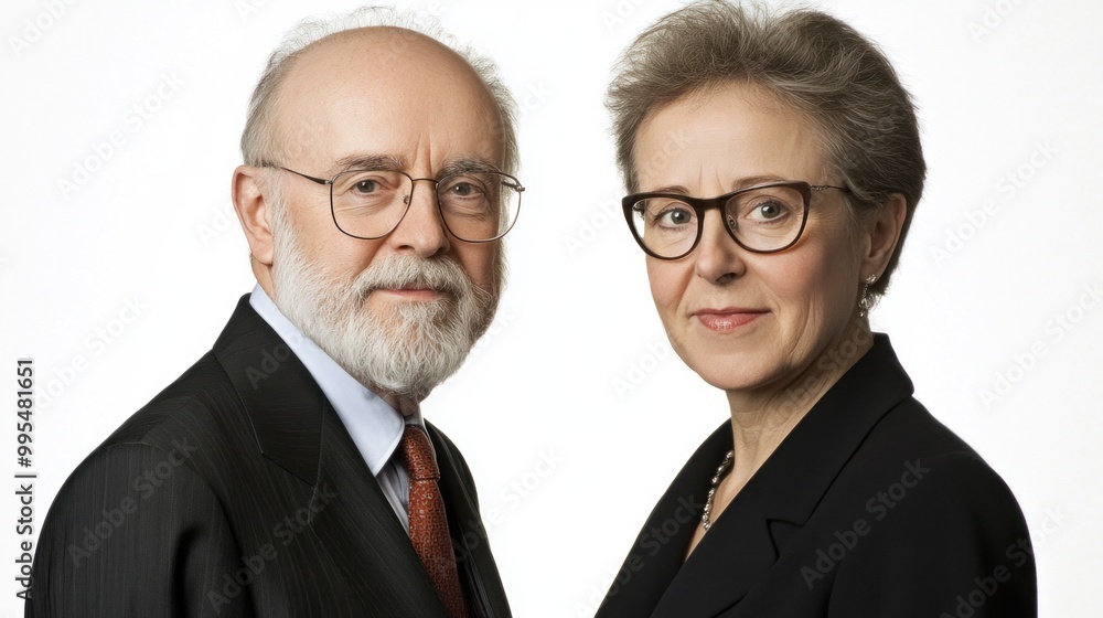 The couple stands side by side, both dressed in business attire, exuding confidence and professionalism in a well-lit environment, offering a powerfully positive presence The couple stands side by side, both dressed in business attire, exuding confidence and professionalism in a well-lit environment, offering a powerfully positive presence