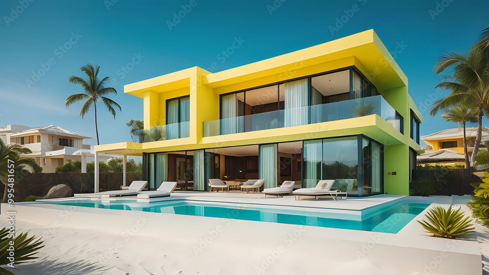 Fototapeta premium gelbes Modernes Haus mit Pool