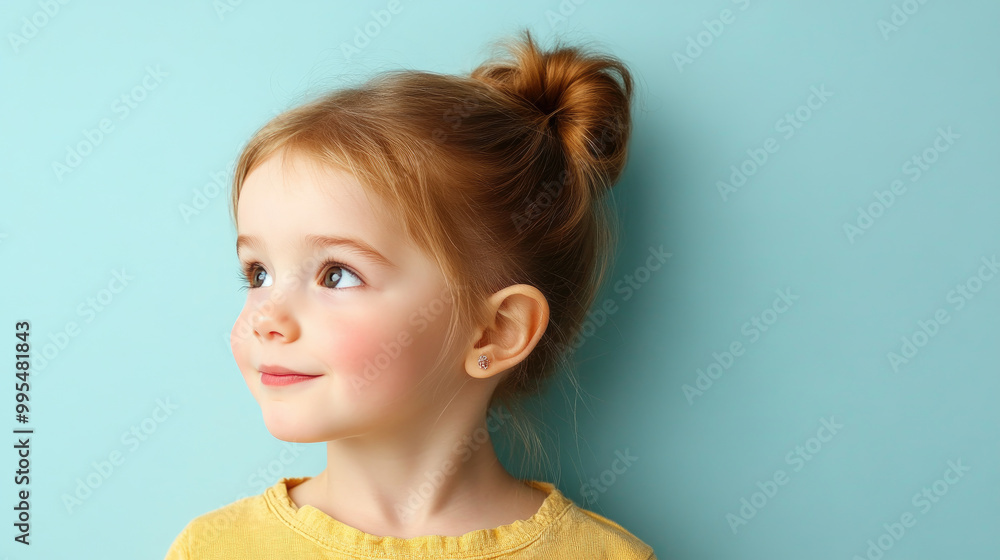 Young girl with hearing impairment, vibrant light blue backdrop, expressive features, conveying resilience and innocence, inviting empathy and understanding. Young girl with hearing impairment, vibrant light blue backdrop, expressive features, conveying resilience and innocence, inviting empathy and understanding.