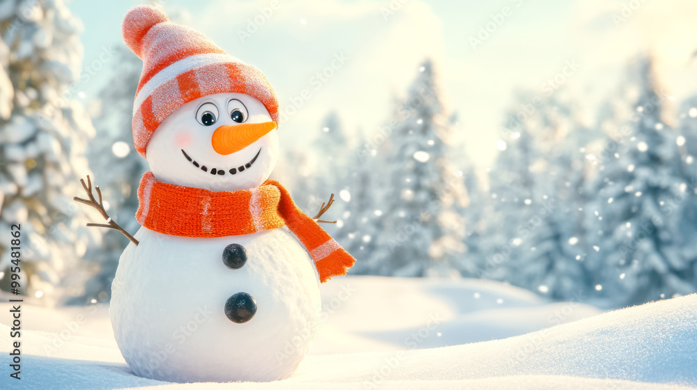Fototapeta premium Snowman smiling and wearing knit hat and scarf in snowy forest