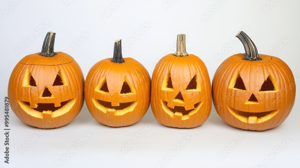 The display presents a set of four carved pumpkins, each with unique facial expressions, arranged in a row on a neutral background, celebrating the spirit of Halloween