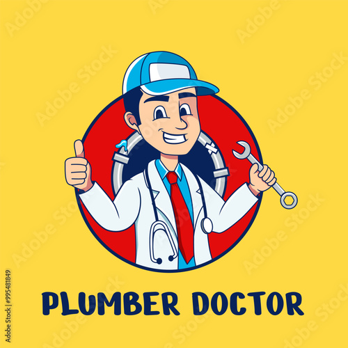 Cartoon character of a man in the uniform of a doctor but holding a spanner in hand and wearing plumbers cap with the pipeline design emblem at the background. Use as a logo for house improvements