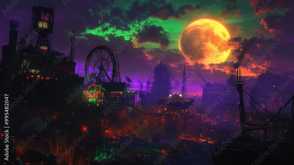 Haunted carnival illuminated by the harvest moon, set against a dystopian skyline, purple and green skies with orange-kissed clouds Haunted carnival illuminated by the harvest moon, set against a dystopian skyline, purple and green skies with orange-kissed clouds