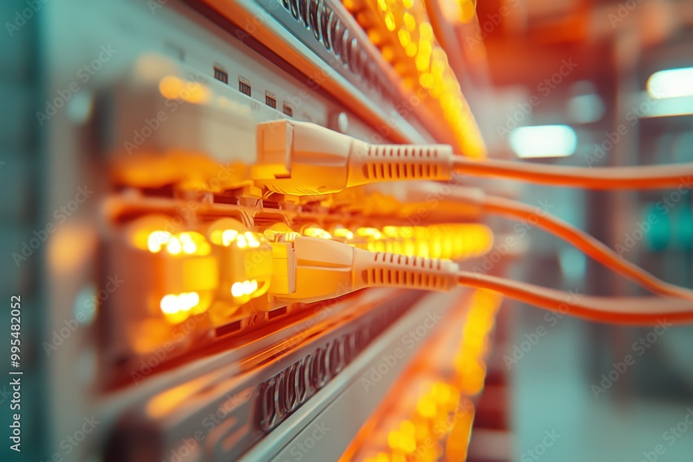 Naklejka premium Orange illuminated server rack showcasing high performance computing active network connections and data processing cables glowing in a secure data center environment