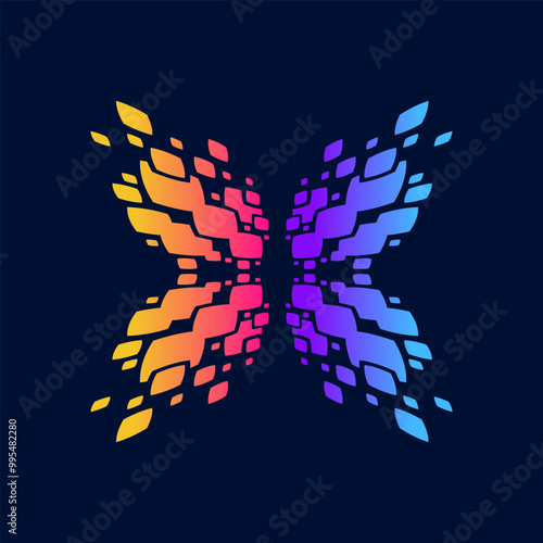 Beautiful colorful butterfly made up of pixels dispersing going away from it. Can be used by tech companies as a logo or to use as futuristic element in graphic design projects.