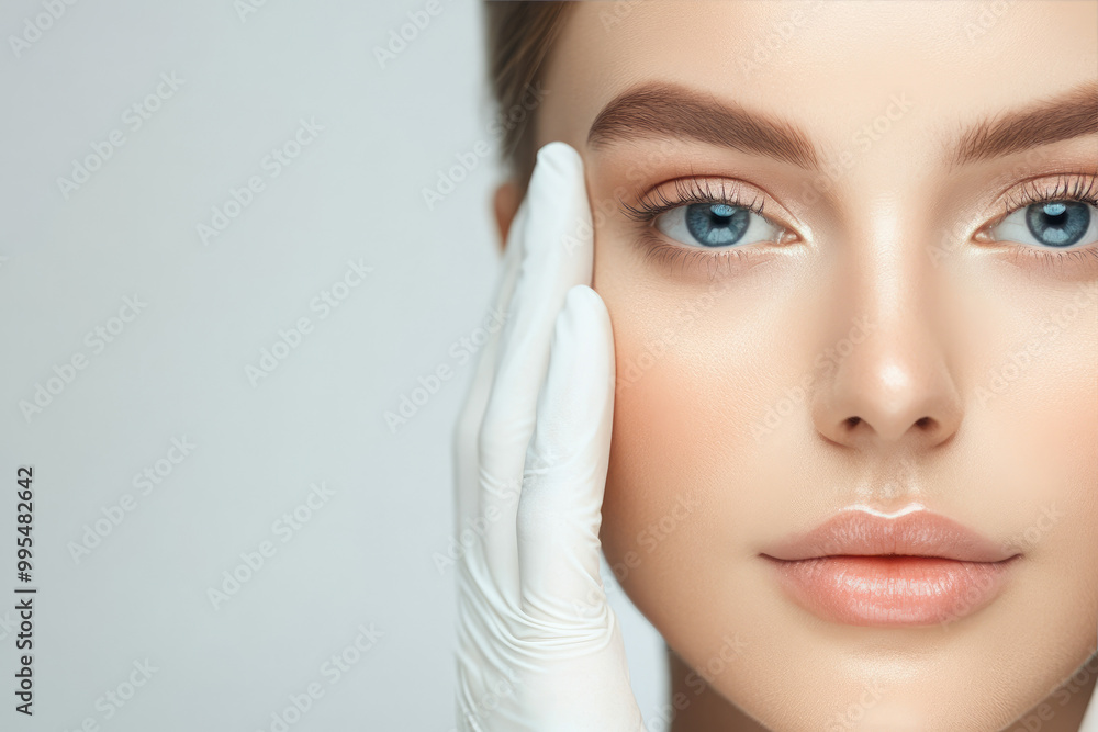 Plastic surgeon assessing a woman's facial features, gentle examination, focus on beauty and artistry in cosmetic enhancement. Plastic surgeon assessing a woman's facial features, gentle examination, focus on beauty and artistry in cosmetic enhancement.