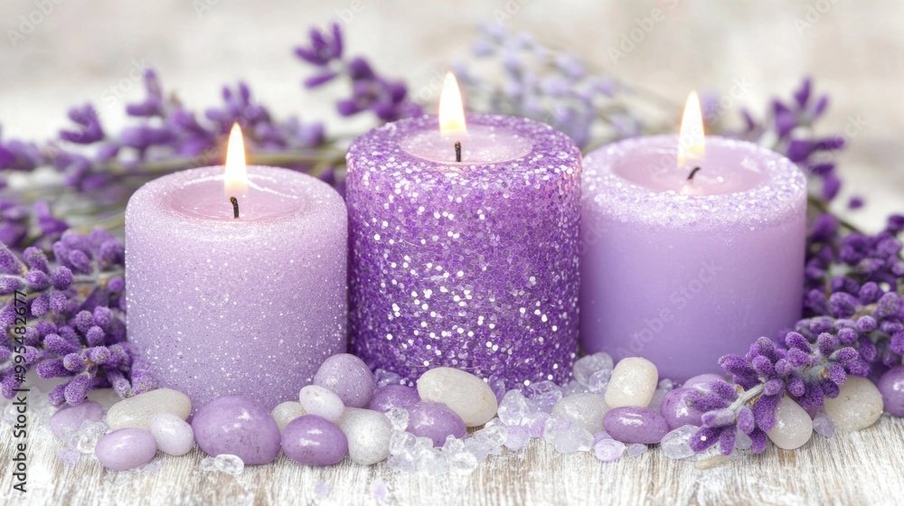 Softly glowing lavender-hued candles are arranged with fresh lavender flowers and decorative stones, creating a calming atmosphere perfect for relaxation Softly glowing lavender-hued candles are arranged with fresh lavender flowers and decorative stones, creating a calming atmosphere perfect for relaxation