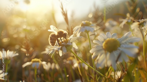 A bee laden with pollen examines the delicate petals of a white flower. that mesmerizes with the beauty and vitality of nature