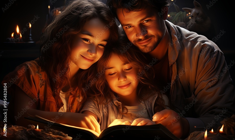 Family Reading Book Together in the Dark Family Reading Book Together in the Dark