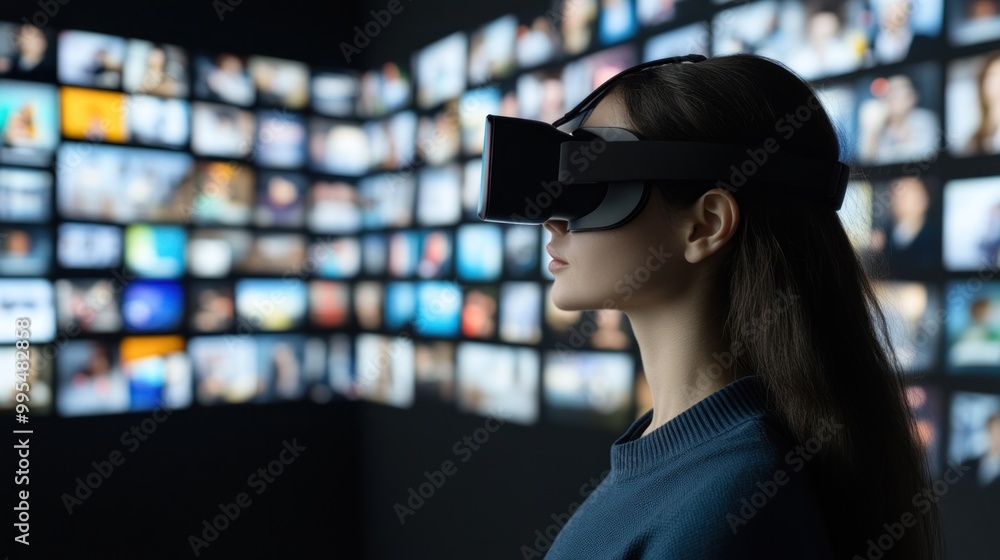 A young woman wears a virtual reality headset, fully immersed in an interactive experience. Surrounding her are numerous floating screens displaying vibrant digital content A young woman wears a virtual reality headset, fully immersed in an interactive experience. Surrounding her are numerous floating screens displaying vibrant digital content