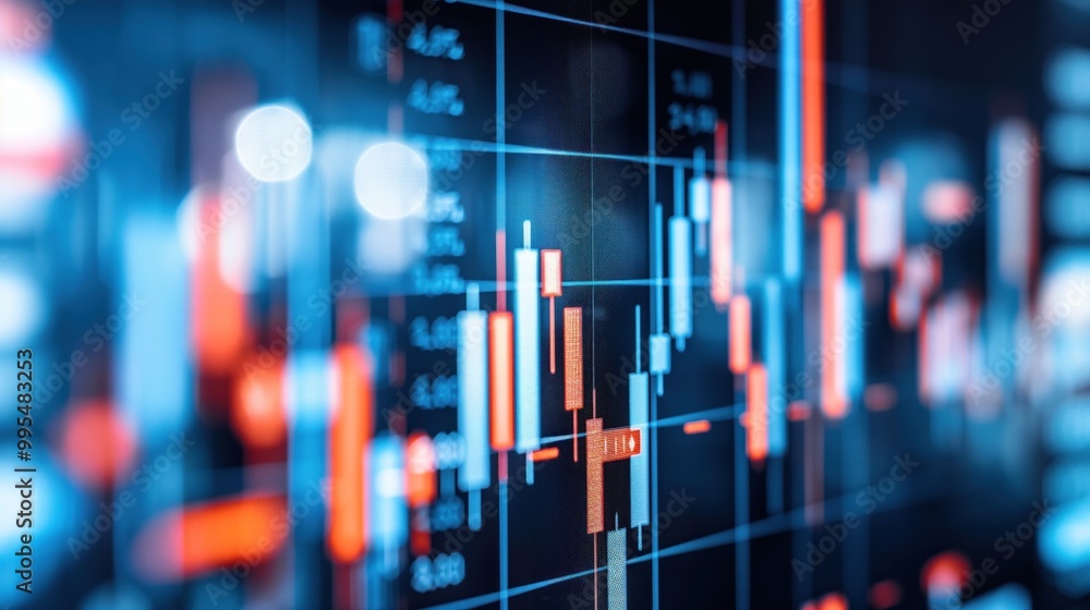 A financial market chart displaying candlestick patterns with blue and orange hues. The chart effectively illustrates recent price movements and trends in a dynamic trading environment A financial market chart displaying candlestick patterns with blue and orange hues. The chart effectively illustrates recent price movements and trends in a dynamic trading environment