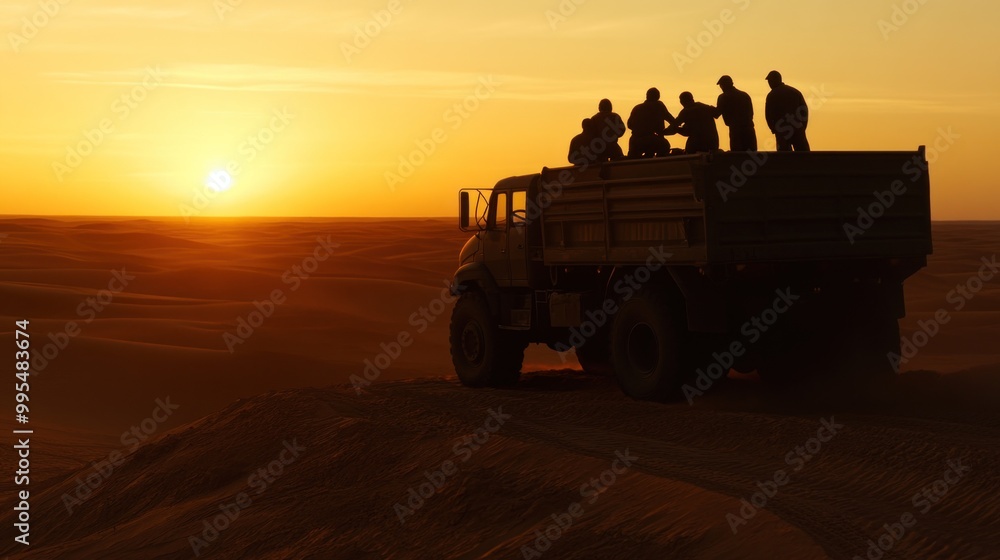 Fototapeta premium A group of workers stands on top of a truck, enjoying the sunset in a vast desert. The warm glow illuminates the endless dunes, highlighting their camaraderie after a productive day