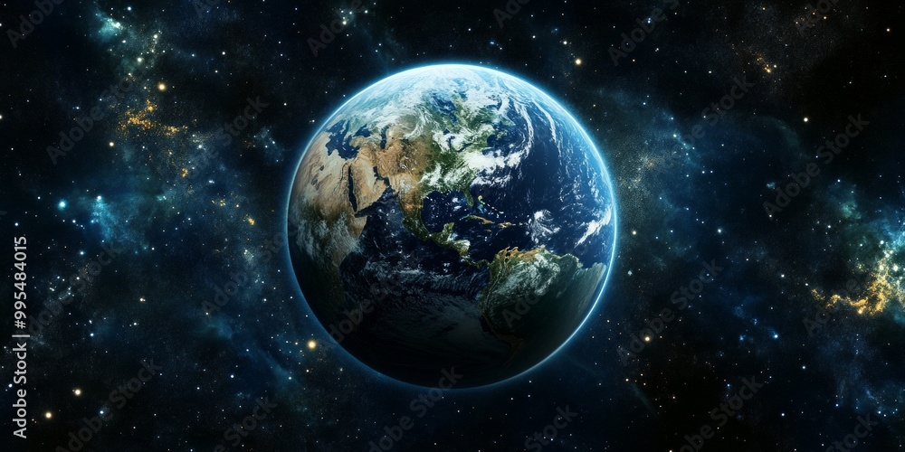 A stunning view of Earth surrounded by the cosmos. This artistic representation captures the beauty of our planet in space. Perfect for presentations or educational purposes. AI A stunning view of Earth surrounded by the cosmos. This artistic representation captures the beauty of our planet in space. Perfect for presentations or educational purposes. AI