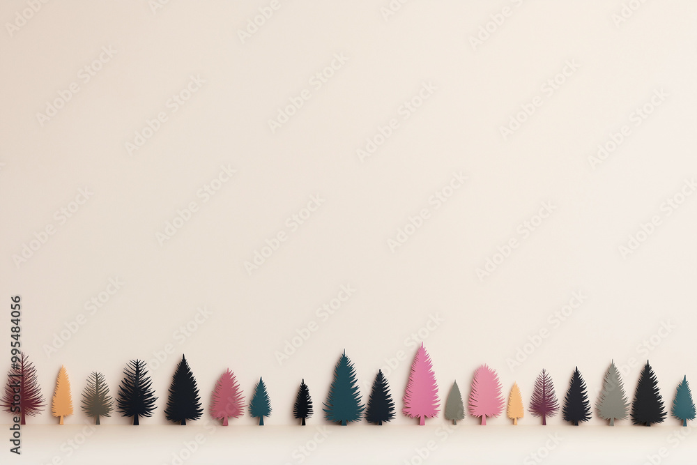Paper colorful pine trees on beige background. Minimal concept. Copy space. Paper colorful pine trees on beige background. Minimal concept. Copy space.