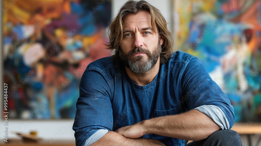 Obraz premium A man with long hair and a beard sits confidently in a modern art studio, surrounded by vibrant abstract paintings that enhance the creative atmosphere