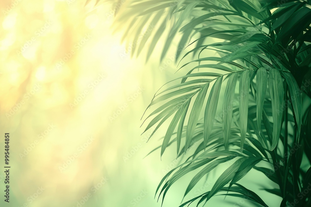 Lush Green Palm Leaves Against a Soft, Blurred Background Lush Green Palm Leaves Against a Soft, Blurred Background