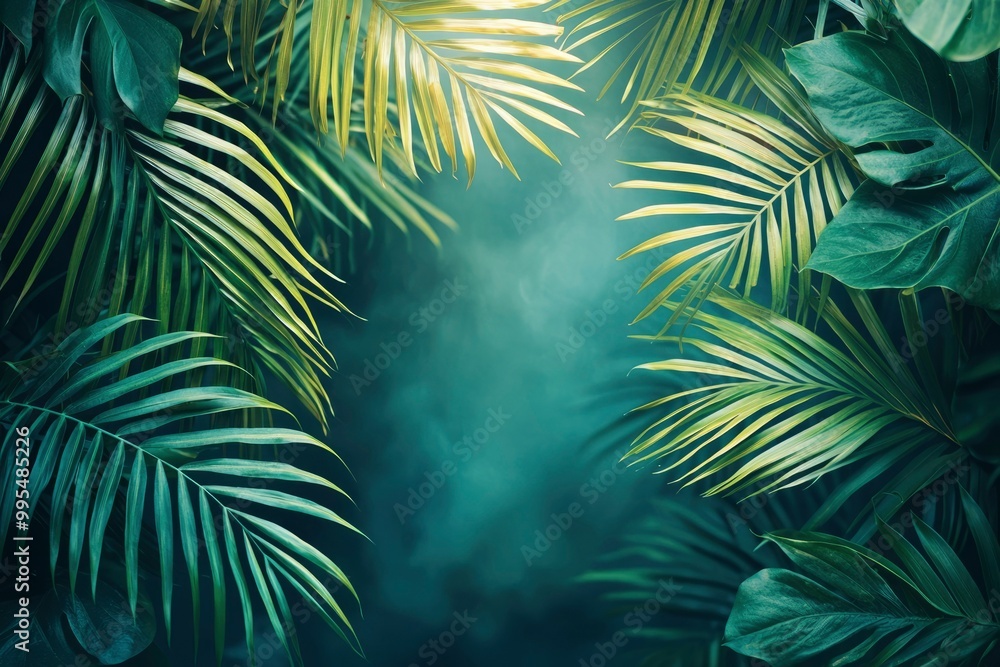 Lush Green Tropical Palm Leaves Framing a Foggy Background Lush Green Tropical Palm Leaves Framing a Foggy Background