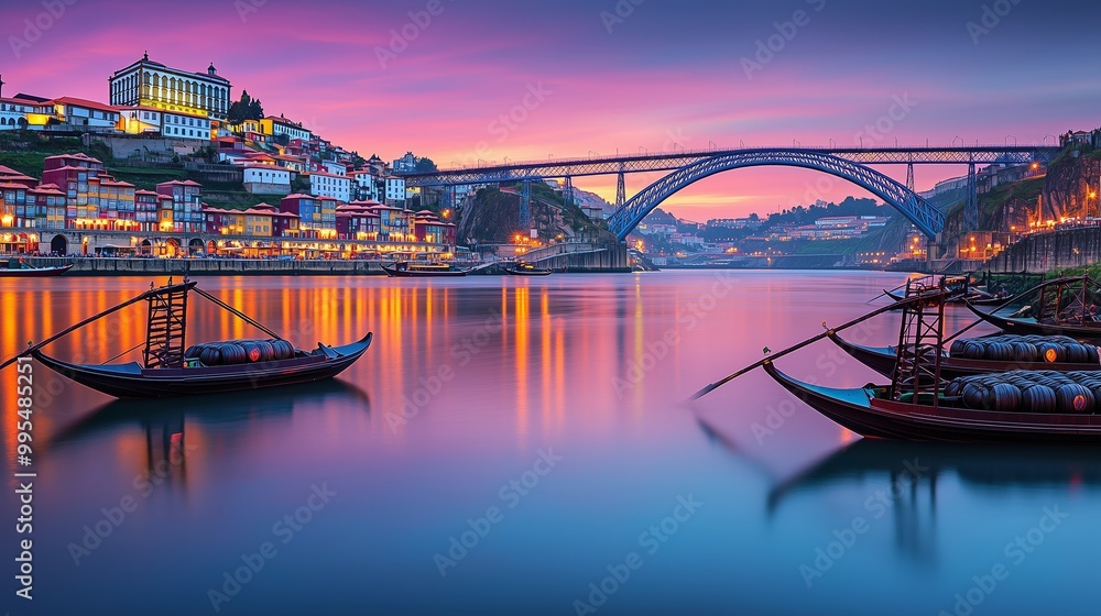 Enjoy Porto's stunning sunset skyline with the Dom Luís I Bridge and vibrant river views.