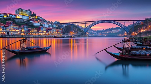 Obraz na płótnie Enjoy Porto's stunning sunset skyline with the Dom Luís I Bridge and vibrant river views. w salonie