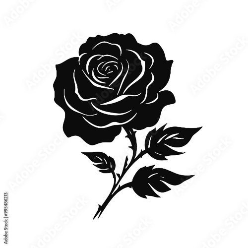 Decorative Floral Rose Silhouette with Leaves Vector Transparent Background