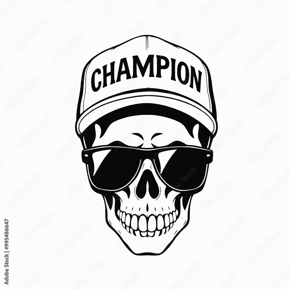a black and white illustration of a skull wearing a baseball cap with the word CHAMPION