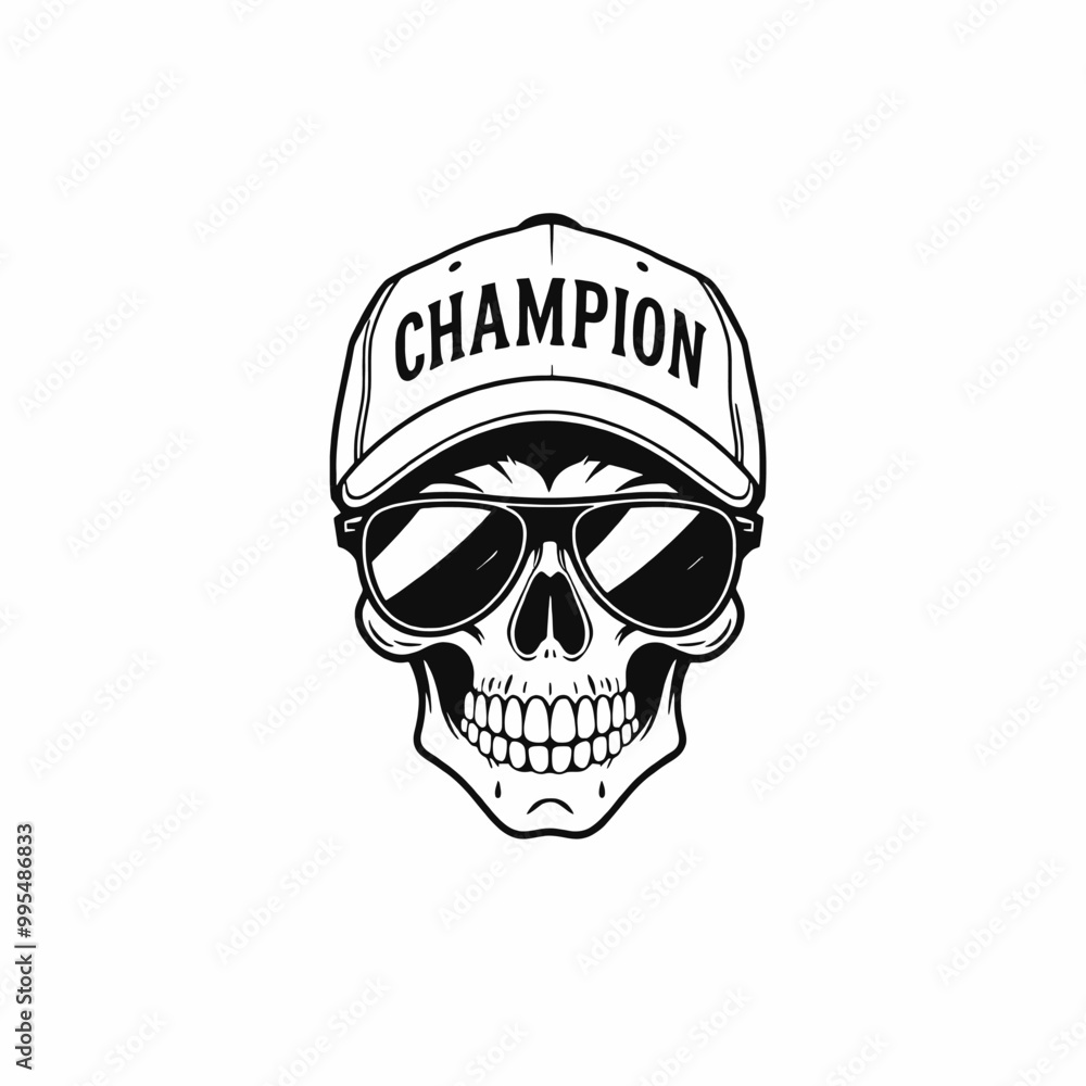 a black and white illustration of a skull wearing a baseball cap with the word CHAMPION a black and white illustration of a skull wearing a baseball cap with the word CHAMPION