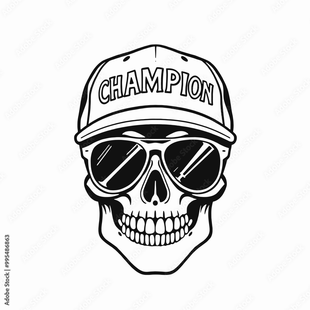 a black and white illustration of a skull wearing a baseball cap with the word CHAMPION a black and white illustration of a skull wearing a baseball cap with the word CHAMPION