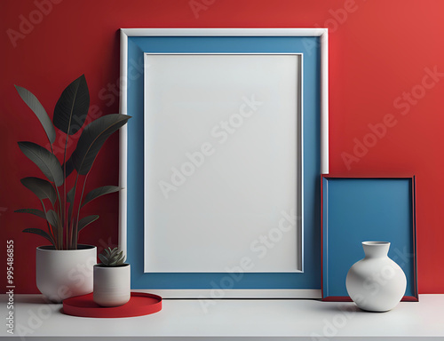 weißer Bilderrahmen mit blauen Passepartout an einer roten Wand auf einem Tisch