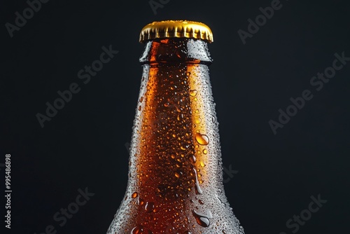 Close up of a cold beer bottle. Perfect for advertising, marketing, and social media.