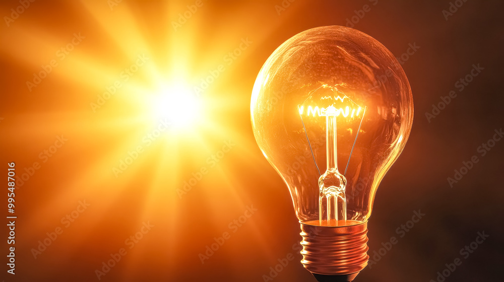 Glowing light bulb shining brightly with sunburst background Glowing light bulb shining brightly with sunburst background