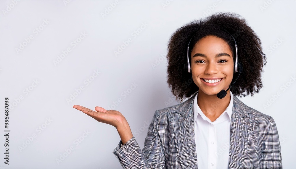portrait of a cheerful and attractive helpdesk service specialist holding a blank space for copy, isolated against a white background. portrait of a cheerful and attractive helpdesk service specialist holding a blank space for copy, isolated against a white background.