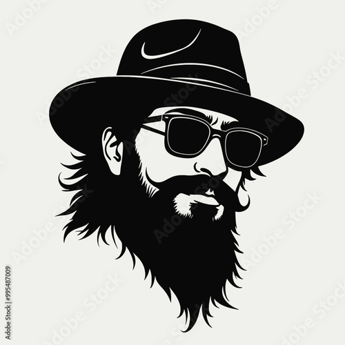 a black and white silhouette of a man's face. The man has a mustache and a beard, and he is wearing a fedora hat