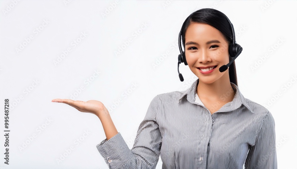 portrait of a cheerful and attractive helpdesk service specialist holding a blank space for copy, isolated against a white background. portrait of a cheerful and attractive helpdesk service specialist holding a blank space for copy, isolated against a white background.