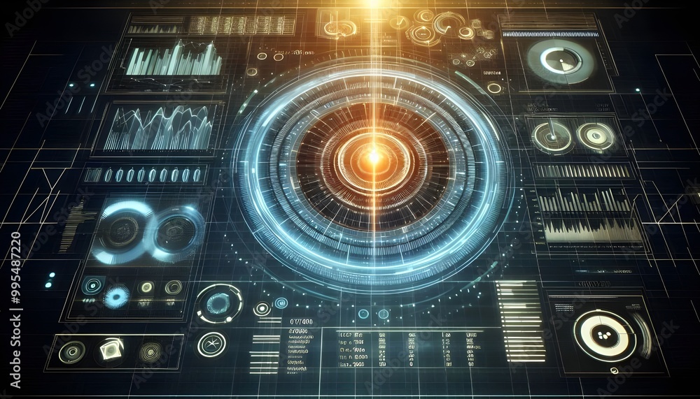 Fototapeta premium Hologram projection on a digital screen with different data and parameters.