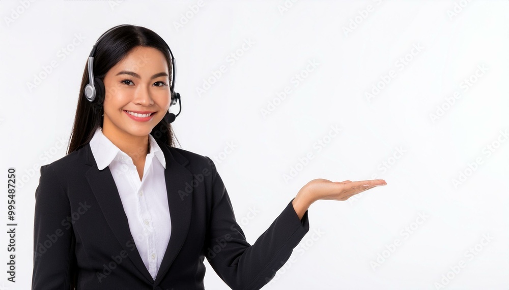 portrait of a cheerful and attractive helpdesk service specialist holding a blank space for copy, isolated against a white background. portrait of a cheerful and attractive helpdesk service specialist holding a blank space for copy, isolated against a white background.