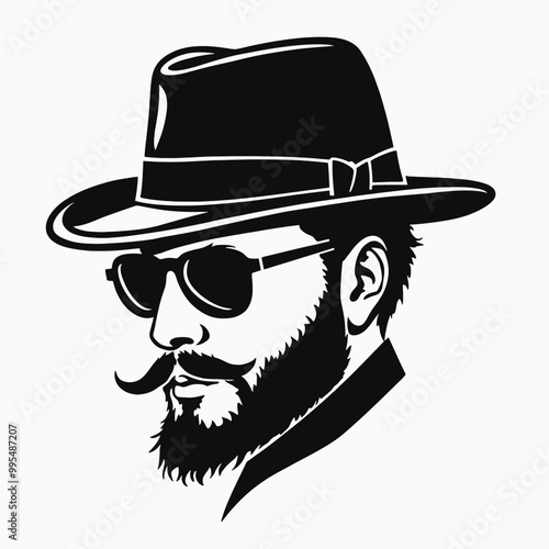 a black and white silhouette of a man's face. The man has a mustache and a beard, and he is wearing a fedora hat